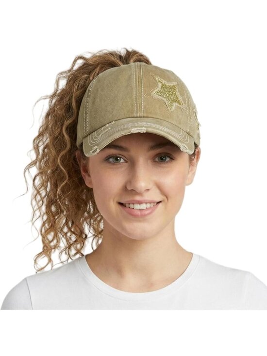 〽️Women Star Khaki High Ponytail Baseball Cap Trucker Bad Hair Day Adjustable main image 7